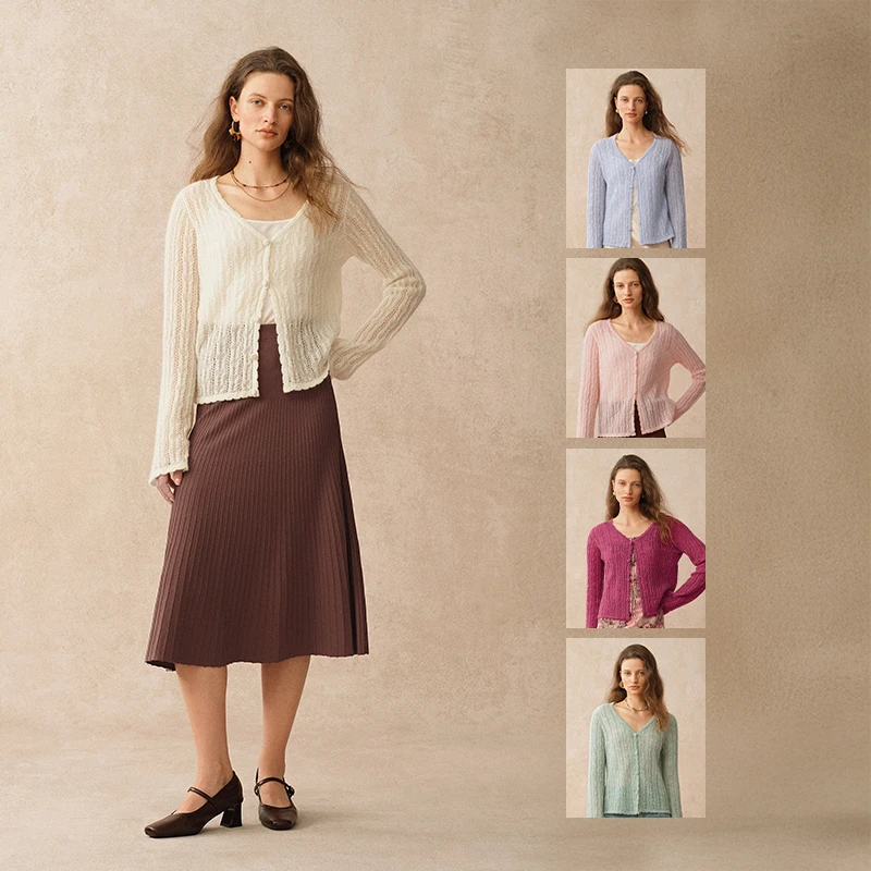 Fabrique【章若楠同款】新品五色微透马海毛绞花V领法式针织开衫