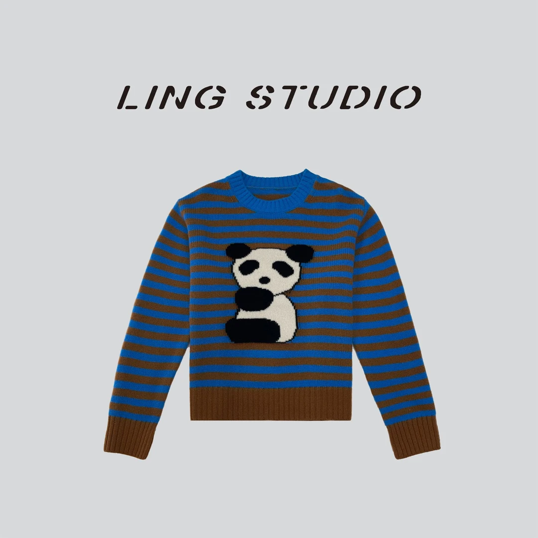 LING/STUDIO『圆滚滚』100%绵羊毛秋冬时尚圆领条纹套头毛衣5092292