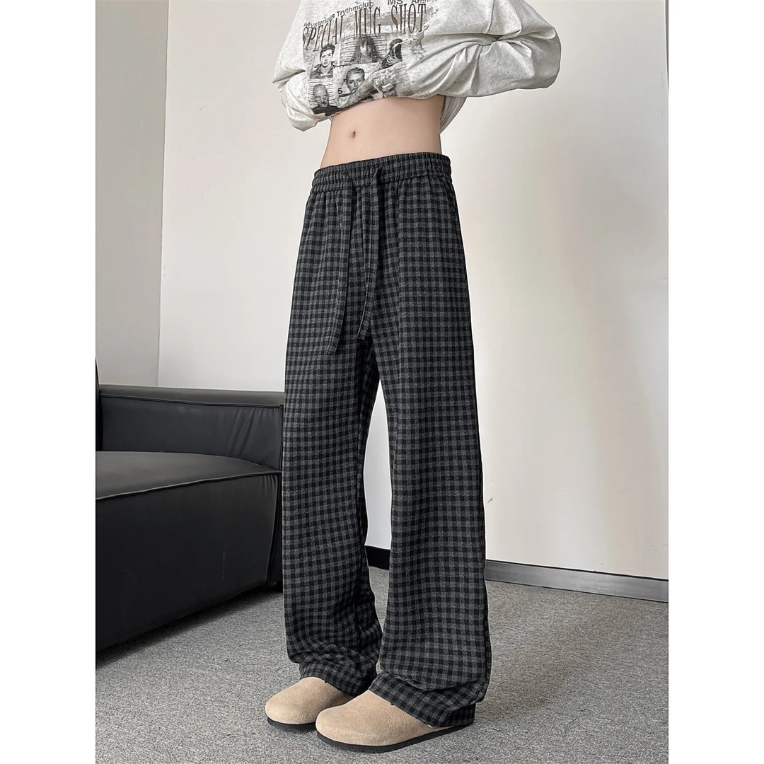 美式复古毛呢格子裤子男款春季潮牌大码休闲裤小众设计感直筒长裤