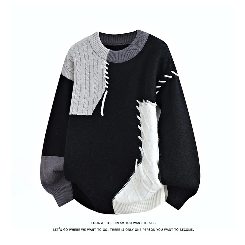 美式复古圆领宽松针织衫撞色毛衣男款秋冬季高级感痞帅潮牌上衣男