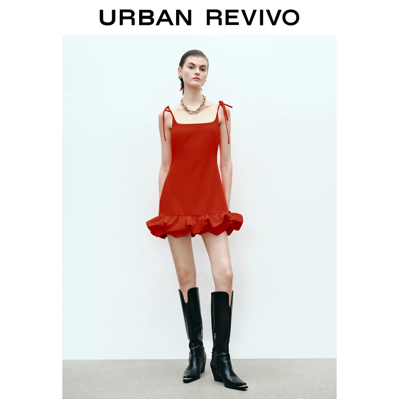 UR2025春季新款女装欧若风红色超短款系带花苞连衣裙UWG750035