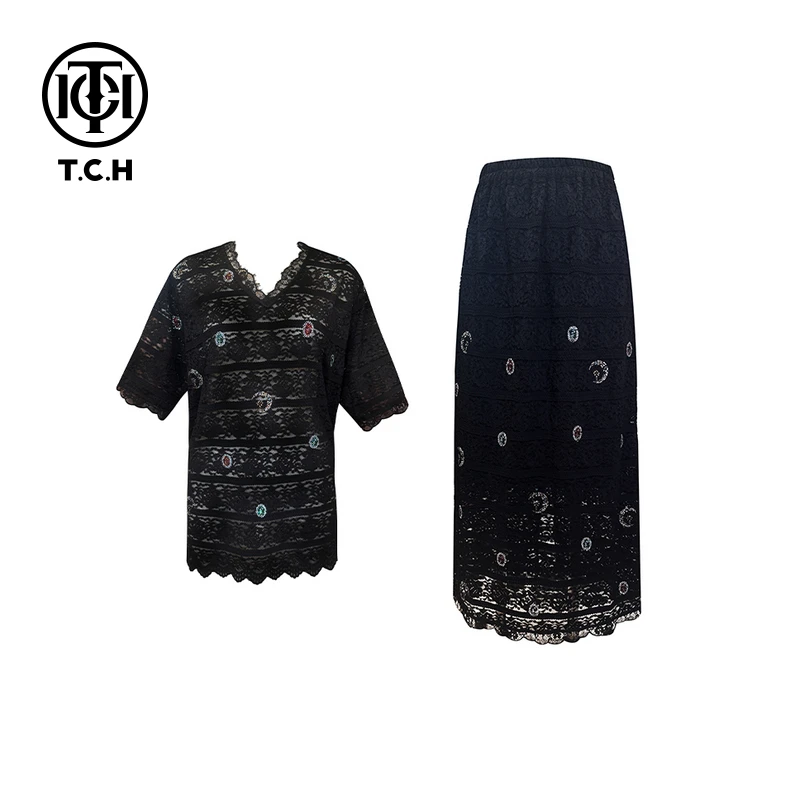TCH轻奢烫钻工艺日辉蕾丝黑色镂空套装T75B07E1013私服tch