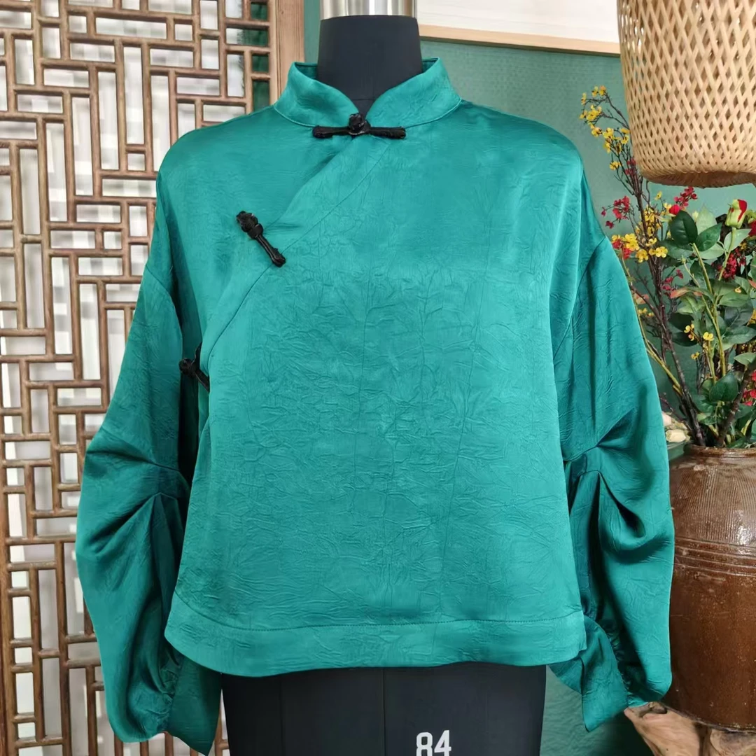 凤徕兮私人定制绿色光板捏褶袖斜襟盘扣短上衣 (SY4910)