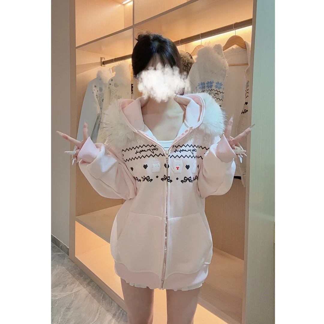 肚困困dkk.可拆卸费尔岛小熊毛领开衫卫衣女2025款秋冬情侣外套