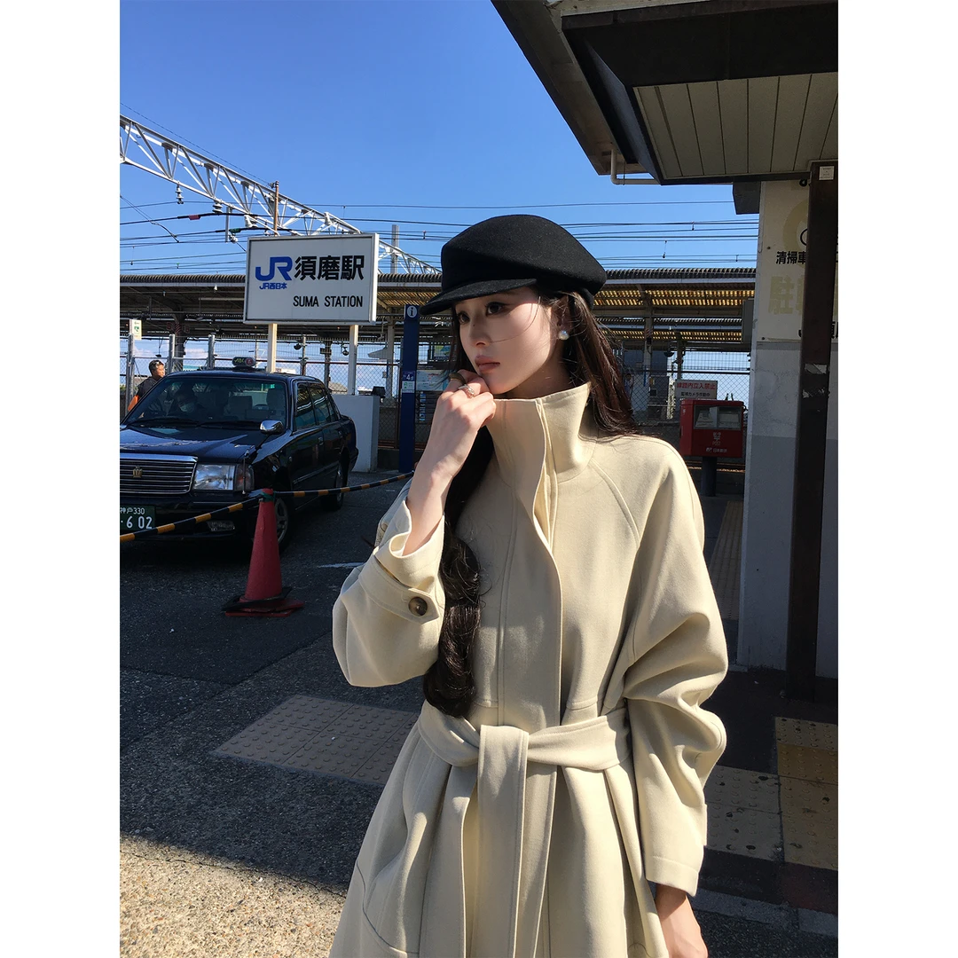 ICELOLLY巨好看的立领收腰风衣外套女2025秋季穿搭小个子长款大衣