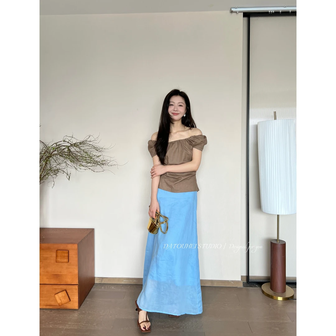 大头黑STUDIO【伍德派对】2025女夏时尚一字肩小衫D225Z05874