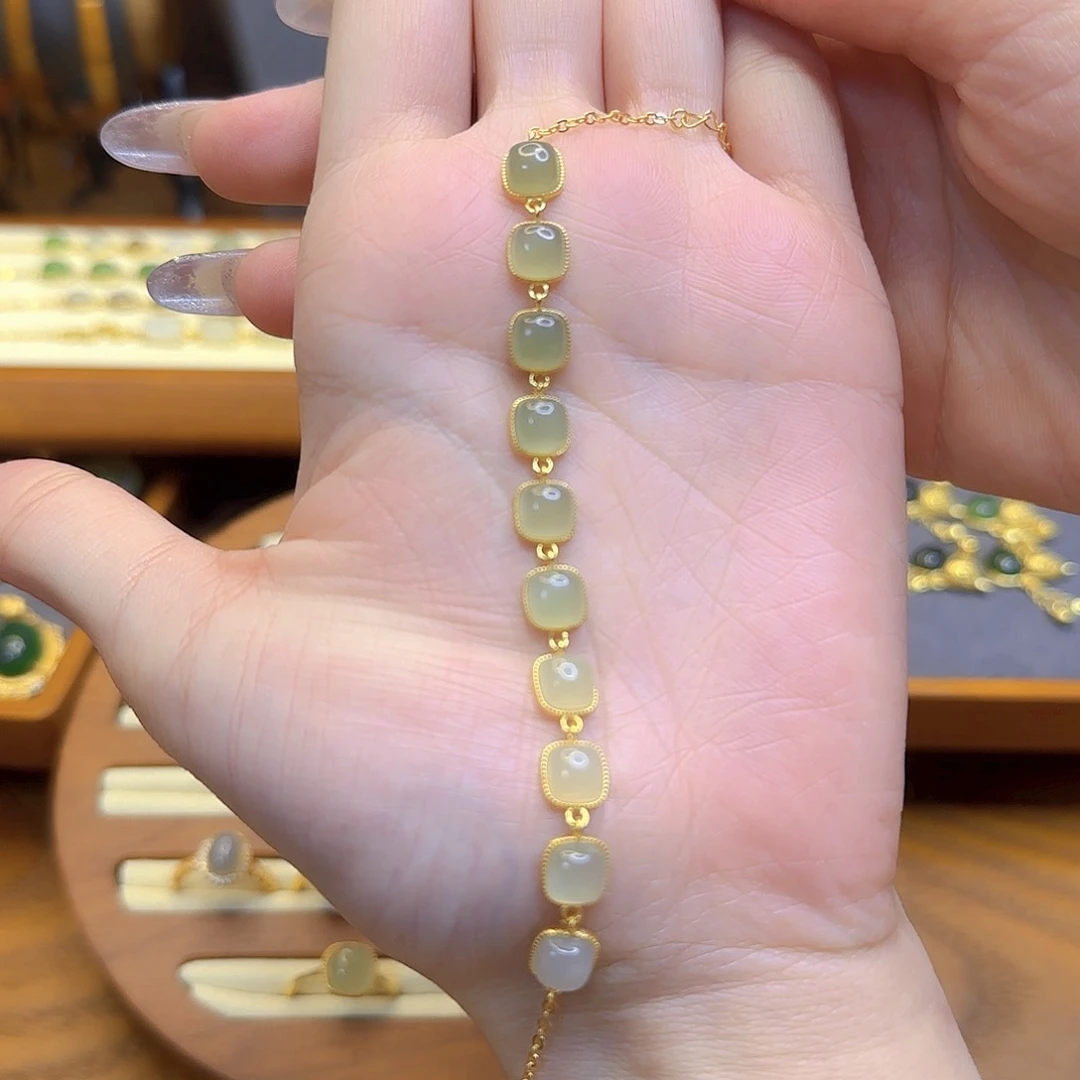 和田玉手链银S925镀金镶嵌晴水渐变手链