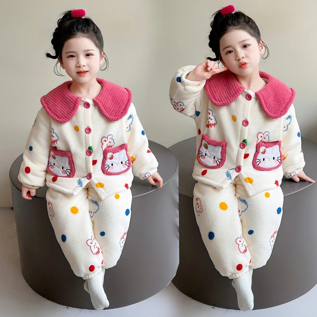 女童三层夹棉睡衣冬季儿童娃娃领公主家居服保暖女宝宝超厚衣服冬