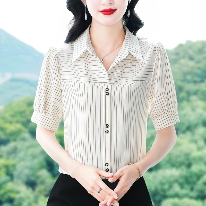 2025春夏新款洋气短袖上衣气质减龄衬衫女士大码小衫