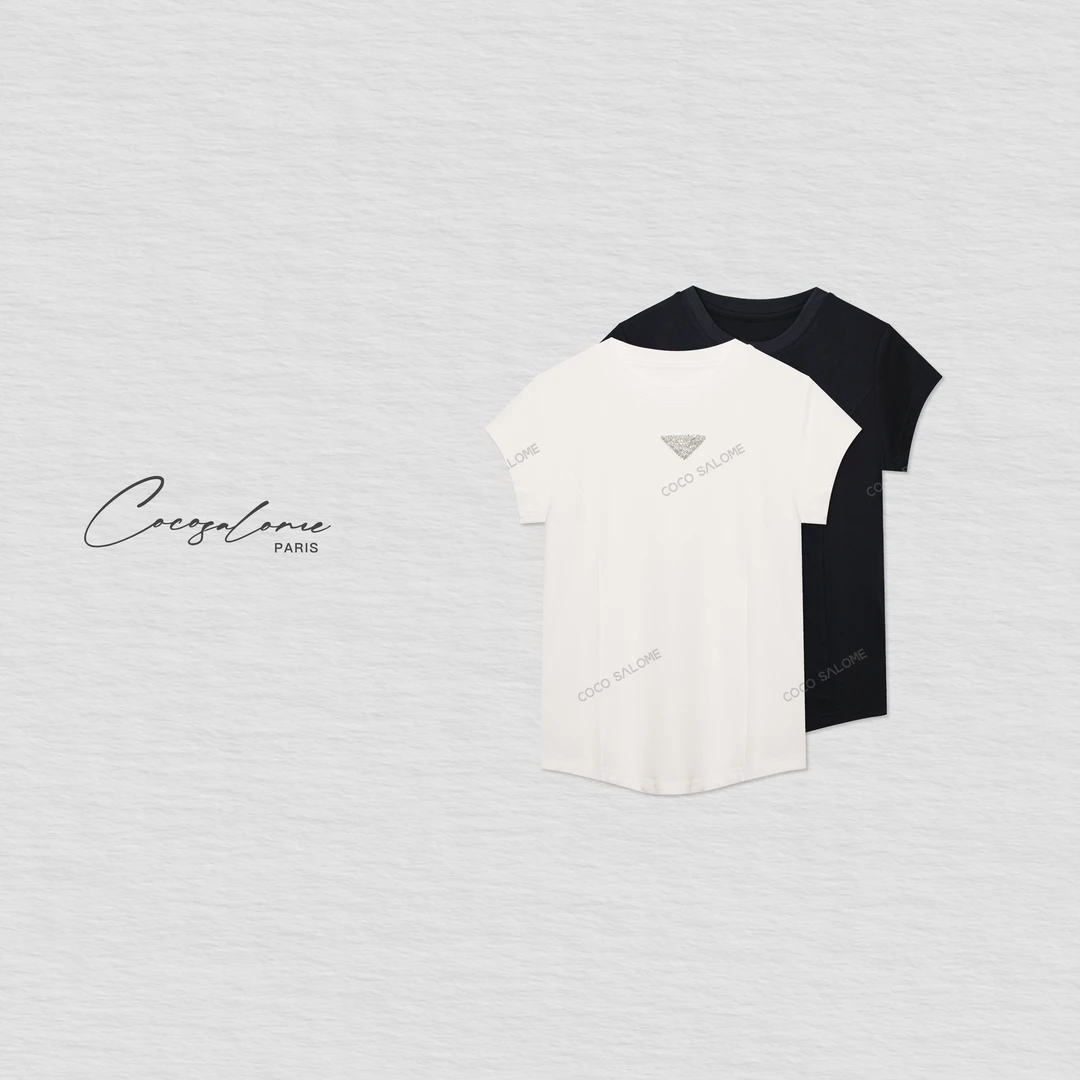 韩彬彬"黑三角"230g重磅丝滑微弹修身轻奢镶钻通勤休闲T恤778K-4