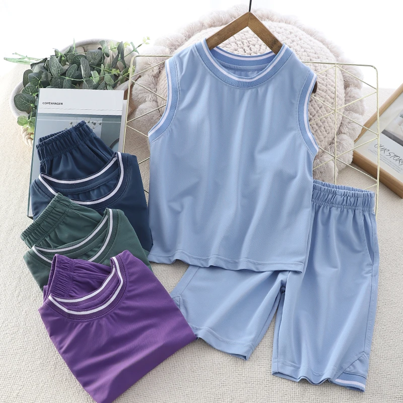 夏季薄款儿童运动休闲速干背心短裤23XT10男童女童透气套装中大童