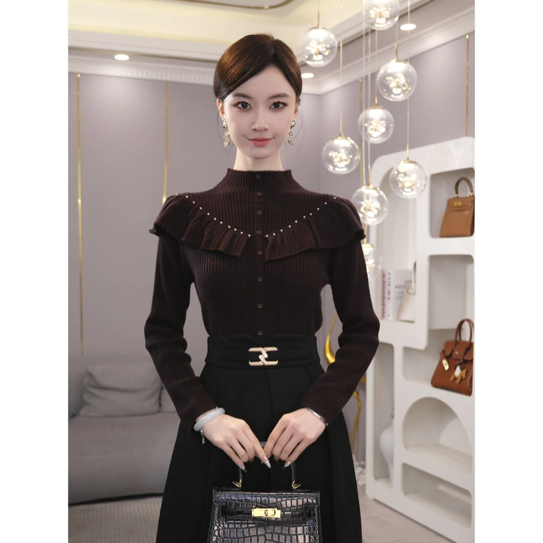 2026秋冬新款【8527】含绵毛内搭打底外穿咖色显瘦毛衣立领针织衫