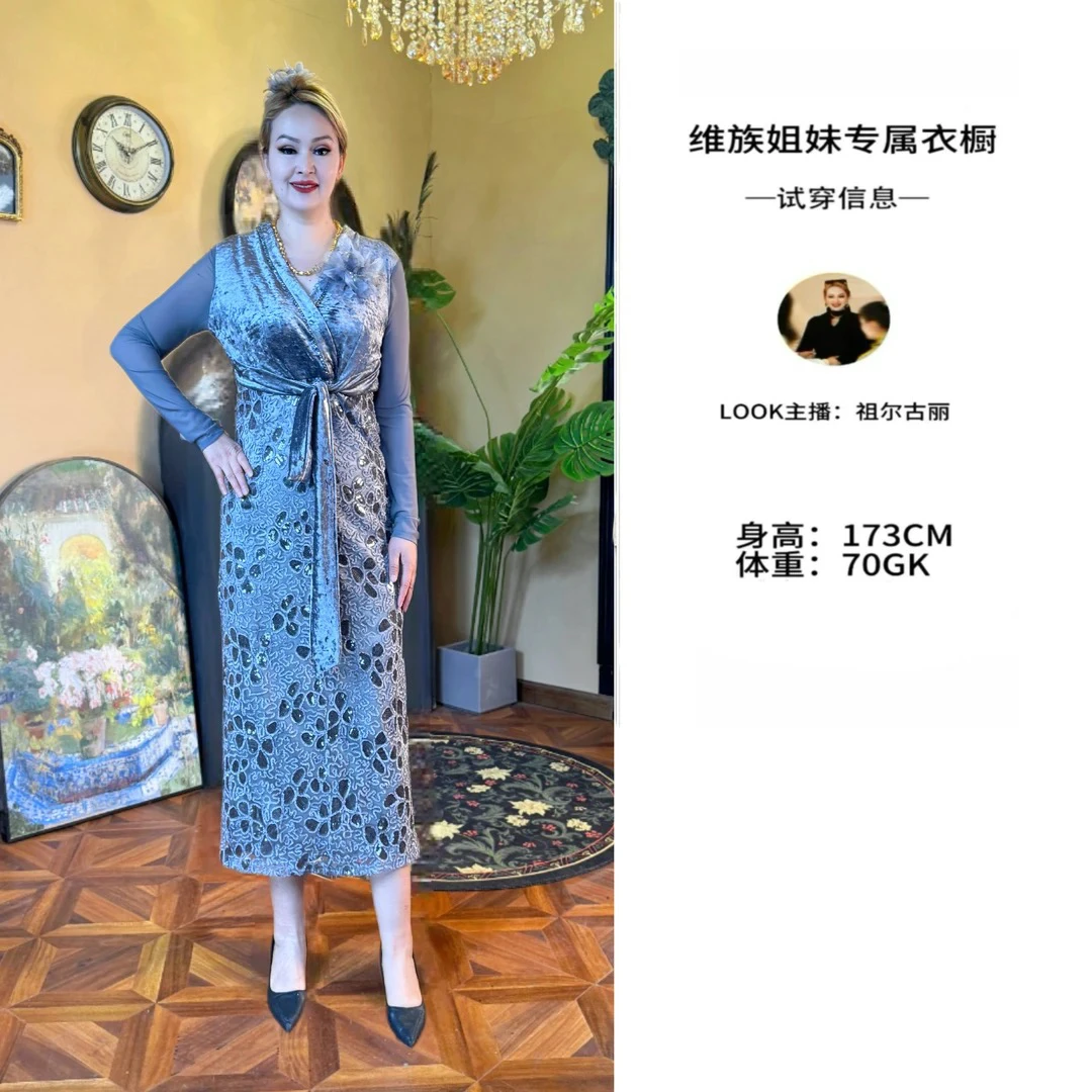 【金丝绒立体花瓣纱袖连衣裙】（N323-07）