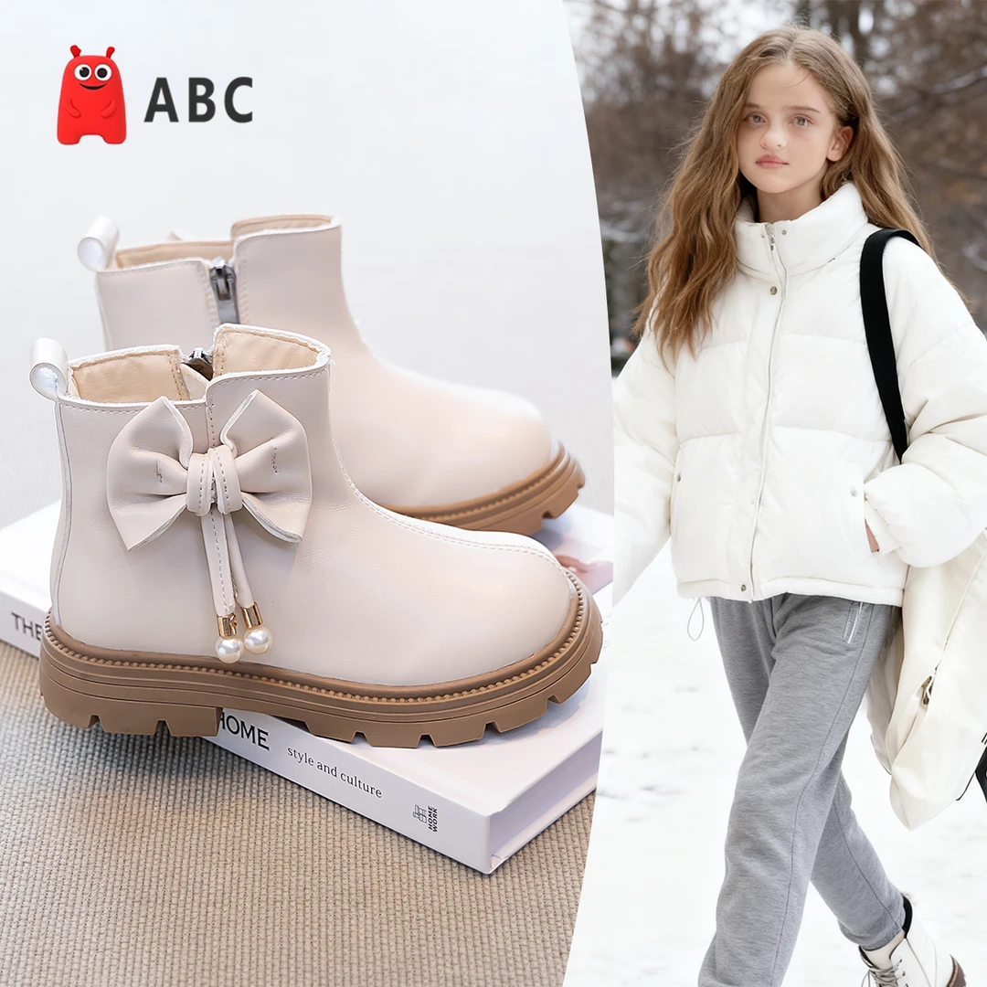 ABC2025秋冬马丁靴女童皮面靴软底防滑英伦风中大童保暖儿童女鞋