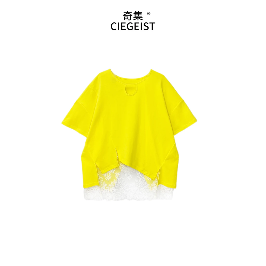 2025夏季设计师款假两件拼蕾丝不规则下摆水滴领宽松版T恤6057