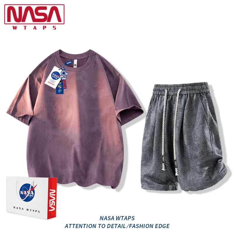 NASA WTAPS扎染冰丝短袖t恤套装男款夏季情侣款休闲短袖短裤套装
