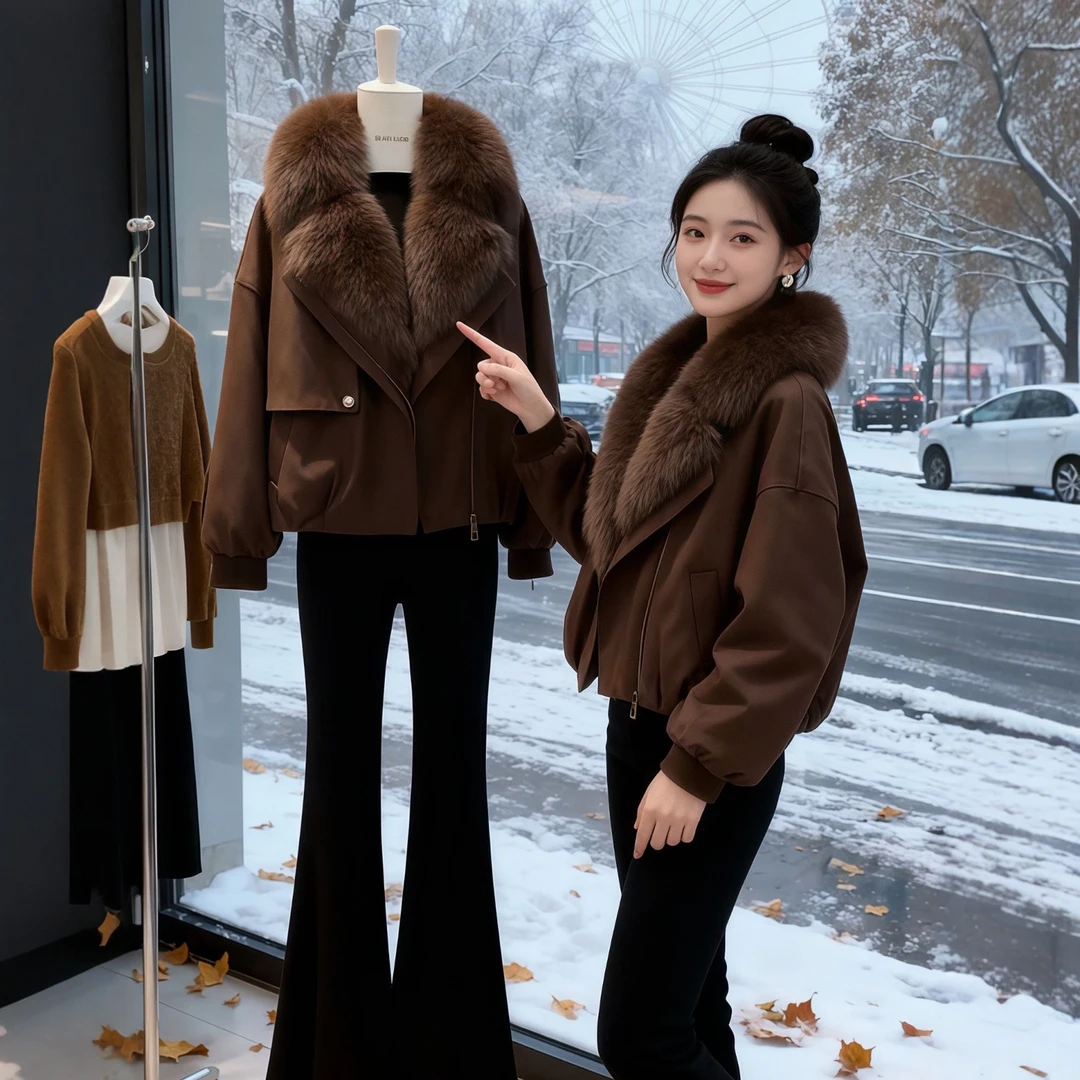 咖色短款大毛领棉服外套女冬季大码胖mm休闲百搭气质保暖棉衣棉袄