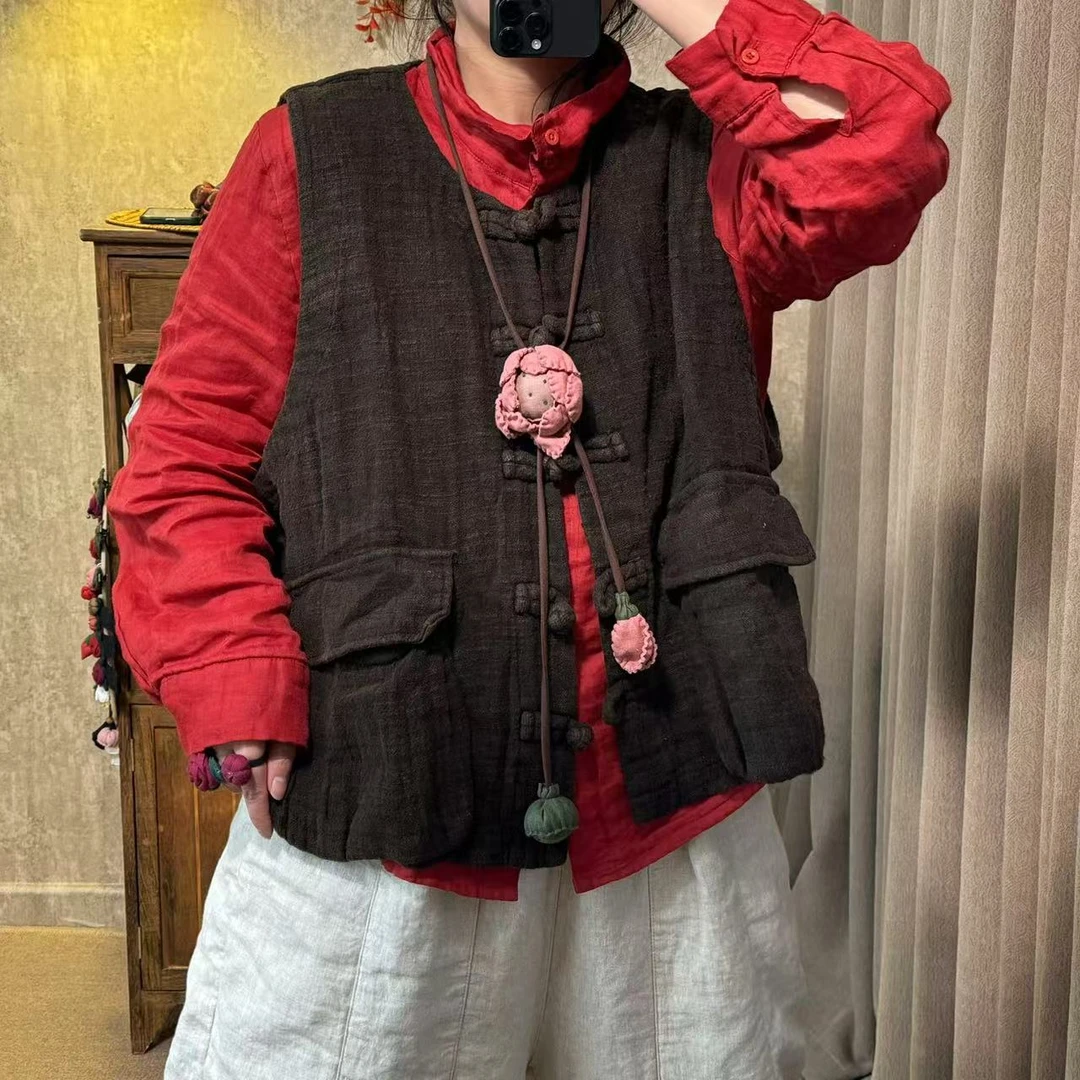 爱麻吖~新款复古炒色双层亚麻圆领盘扣马甲背心（胸围130衣长60）