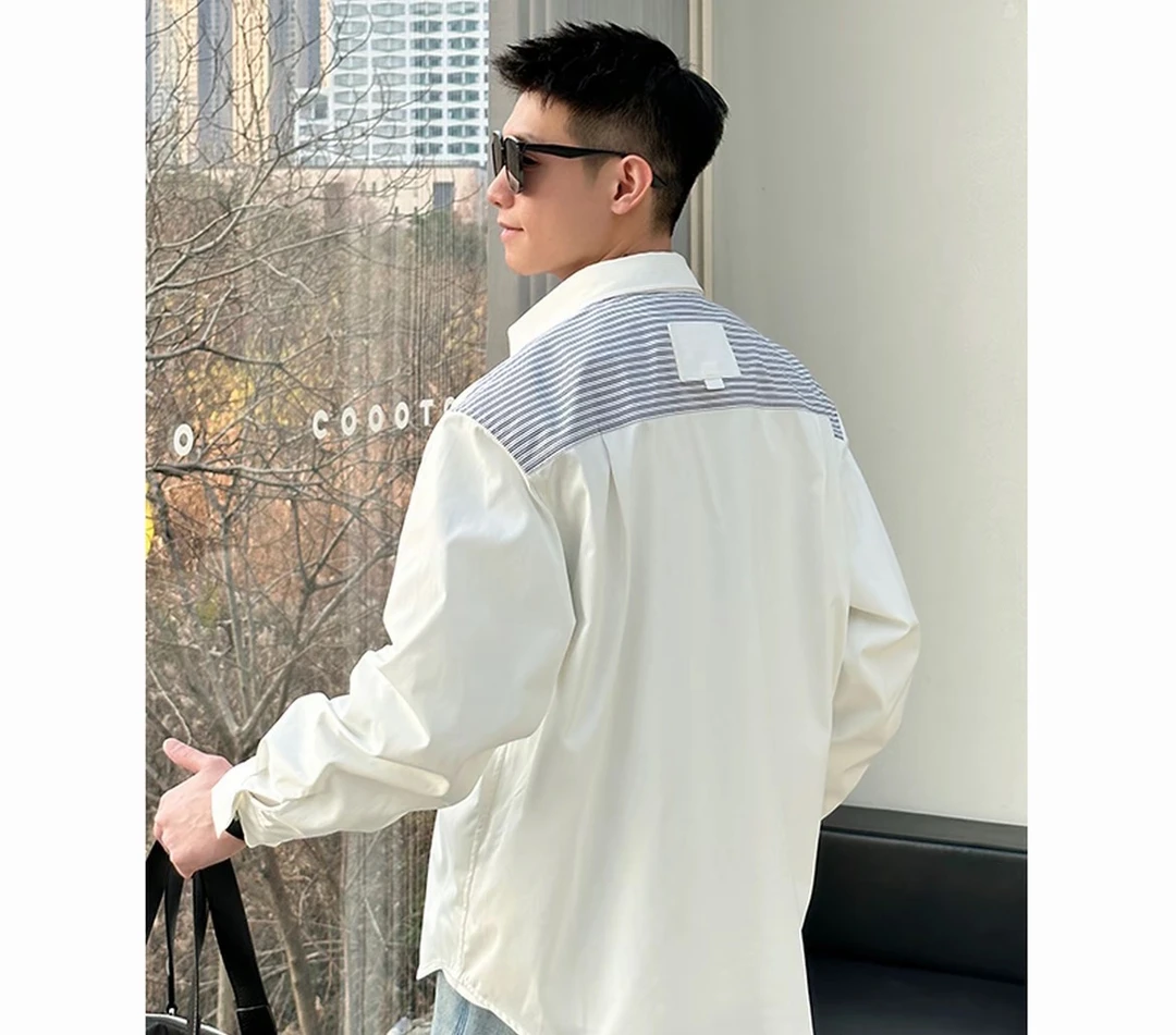 YK9125潮流男士拼接长袖春夏休闲条纹衬衫翻领痞帅文艺风
