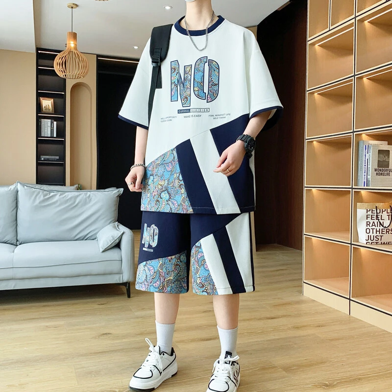 冰丝运动套装男夏季国潮短袖t恤男款青少年一套搭配休闲帅气衣服T