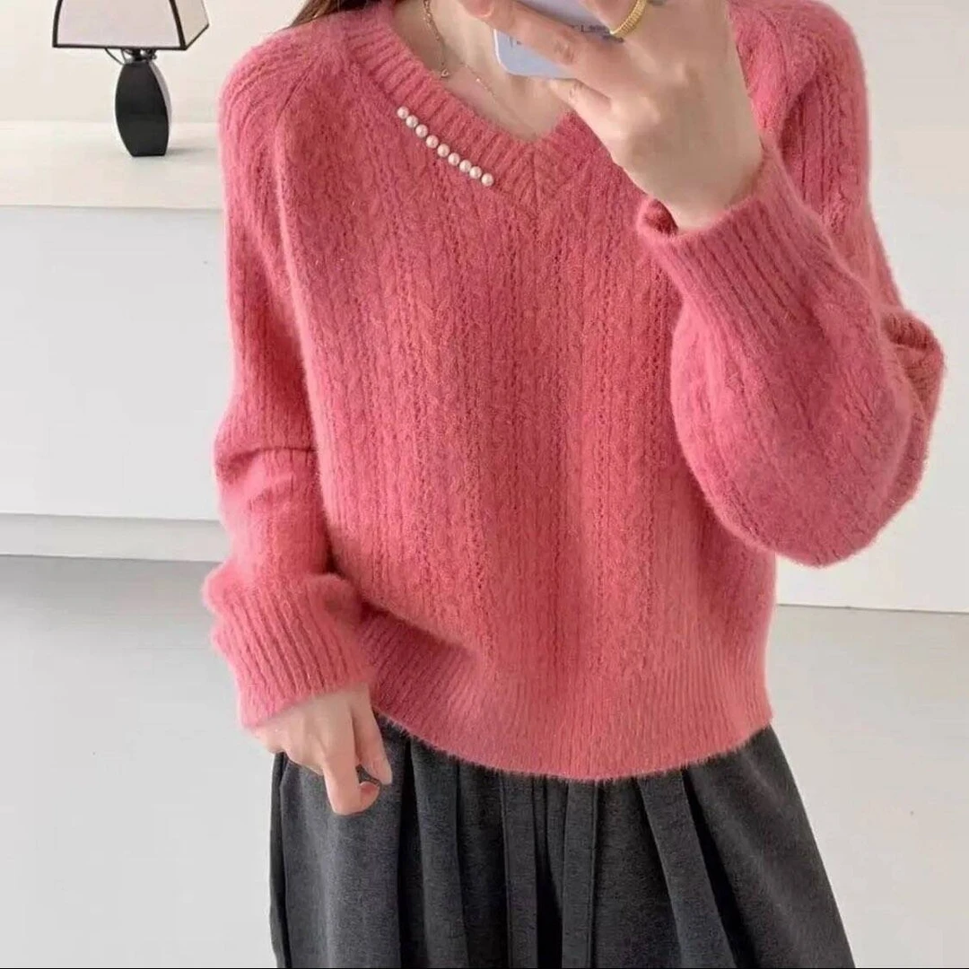 V领时尚软糯钉珠针织毛衣女冬季毛针织衫上衣打底慵懒风宽松显瘦