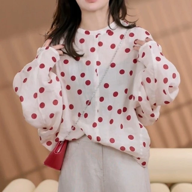 简约纯色波点印花衬衫女装2025新款夏季薄款韩版宽松洋气长袖上衣