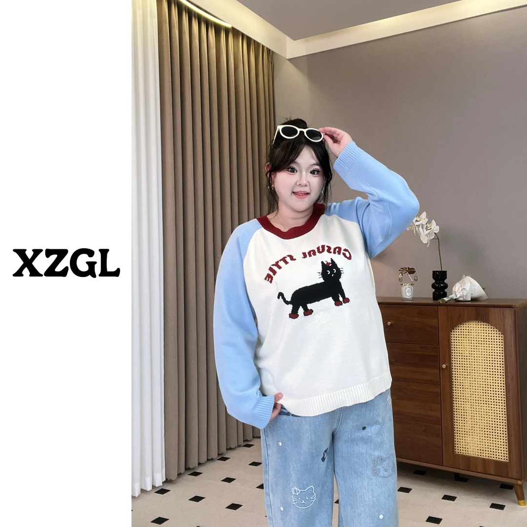 【小猪专属】2025秋季新款大码胖妹妹200斤卡通猫咪撞色毛衣-F561