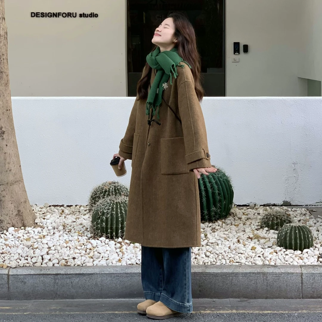 秋冬季牛角扣毛呢女2025年冬季法式长款驼色毛呢大衣外套中长款