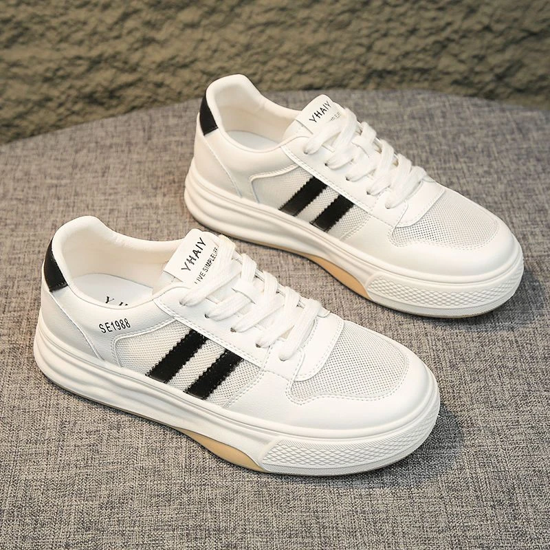 女鞋子2025新款春秋网面透气休闲运动鞋百搭厚底夏季真皮小白鞋女