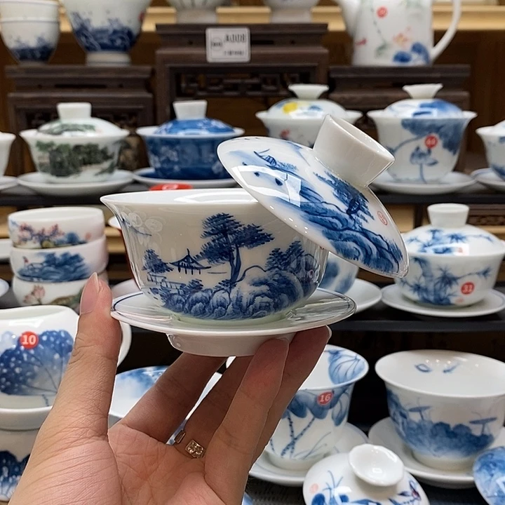 手绘山水悬停150cc盖碗釉下彩微瑕福利款