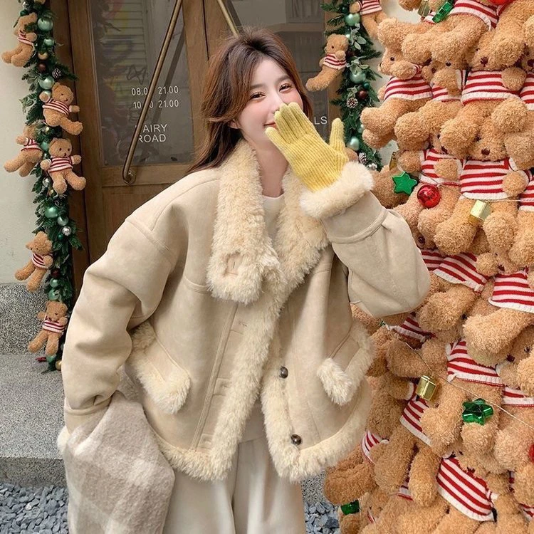 毛毛外套冬季女新款韩系超好看保暖小个子加厚皮毛一体外套简约韩