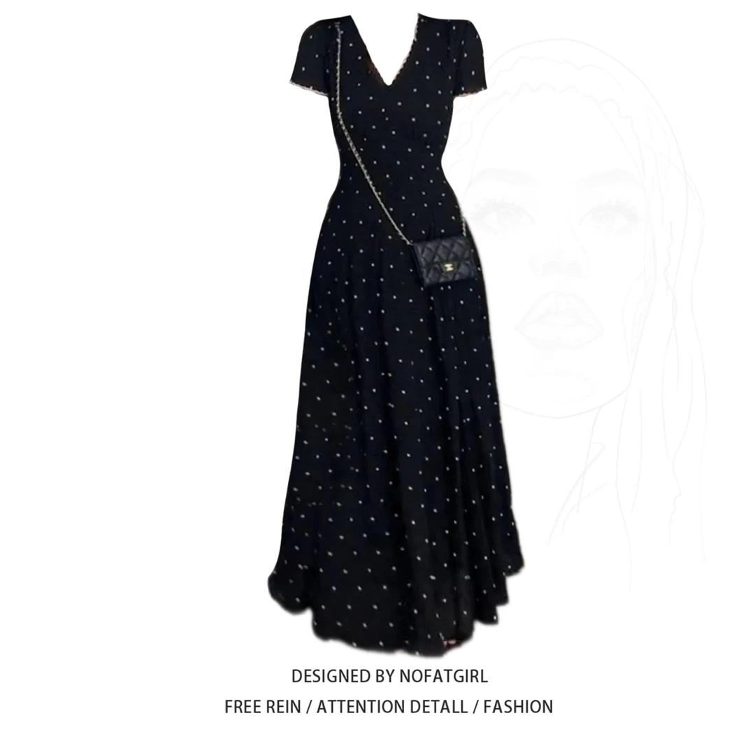 大码胖妹妹高级感法式墨点星芒碎花短袖连衣裙女夏季收腰显瘦长裙