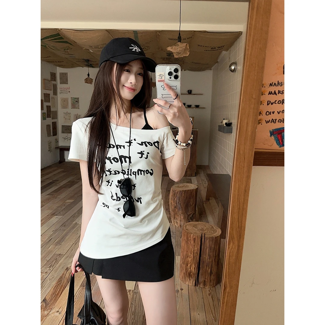 韩版时尚露肩t恤女短袖夏季新款高级感穿搭辣妹风修身显瘦上衣