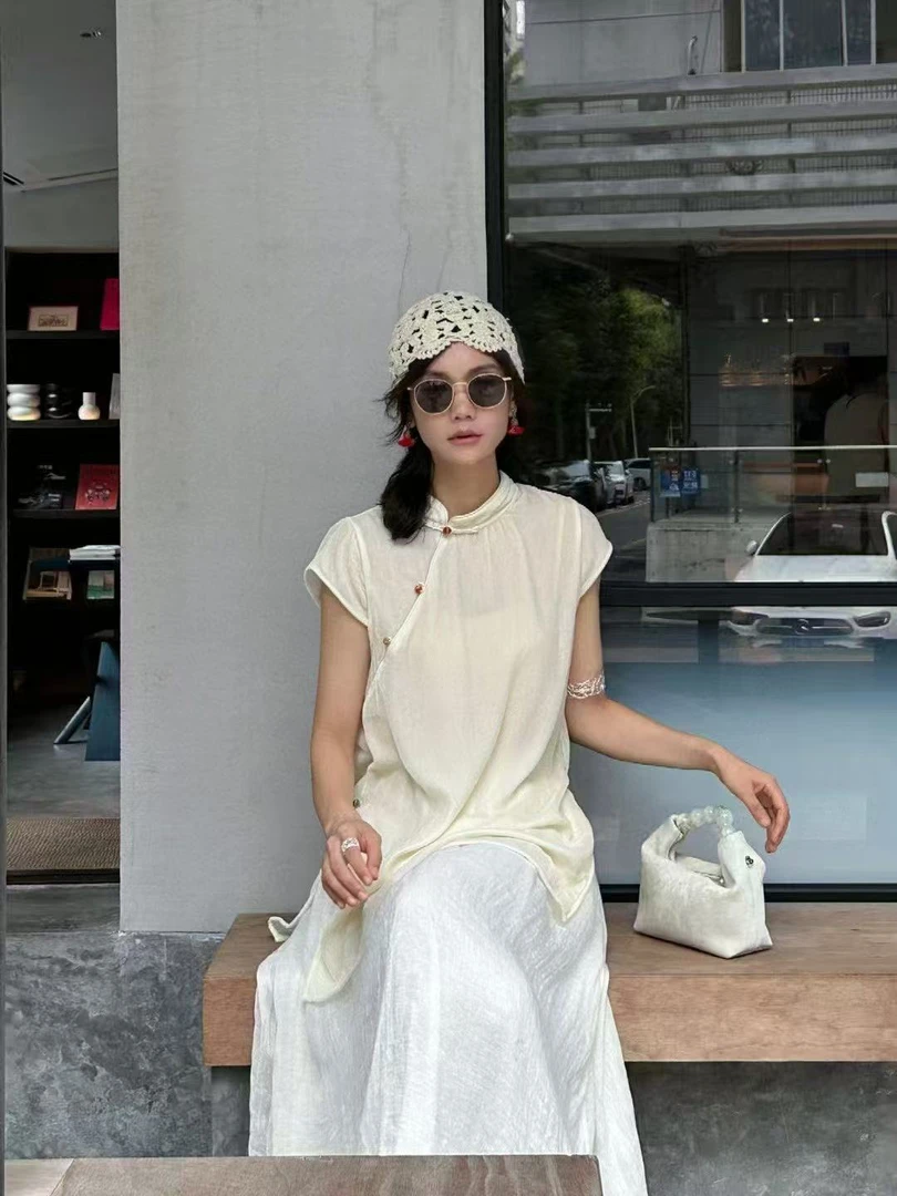 丝绒短袖套时尚新中式肯豆风T恤立领常中长款