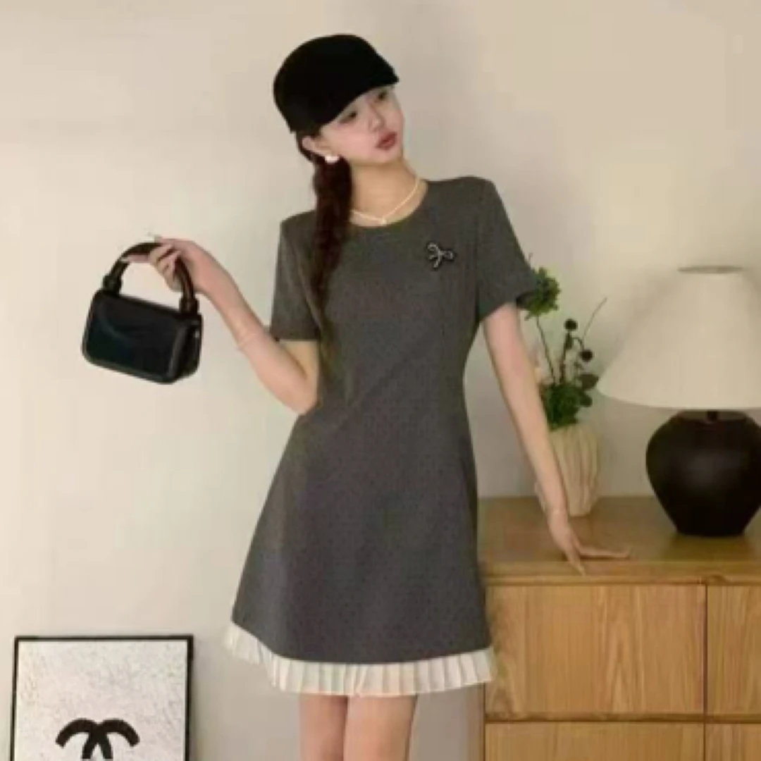 JIAJIA-99夏季新款圆领撞色条纹修身百搭显瘦花边蕾丝背心连衣裙