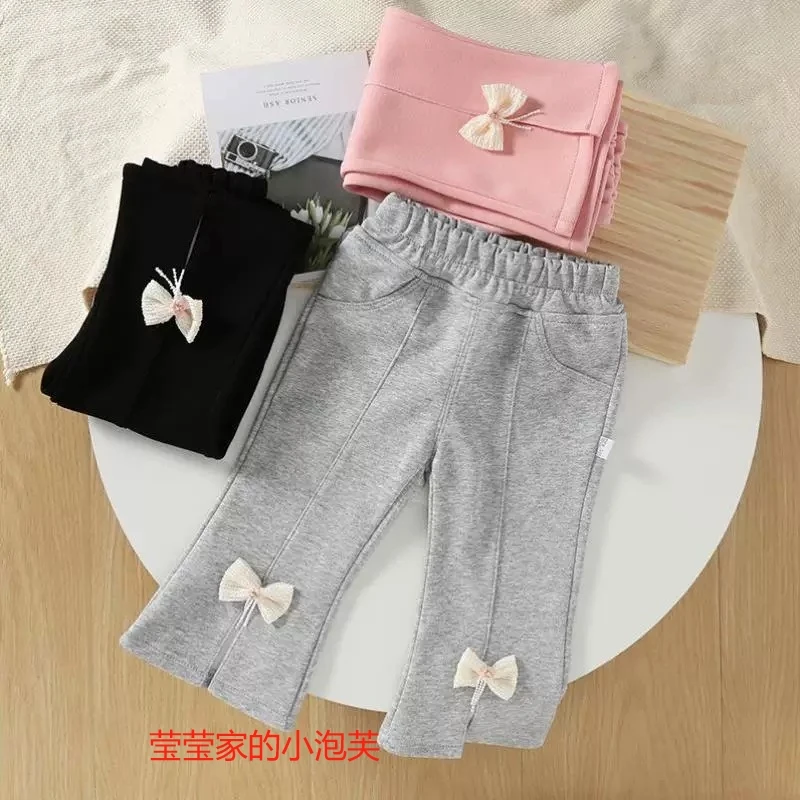 【女童打底裤】春秋女童蝴蝶结珍珠花边外穿洋气韩版打底裤