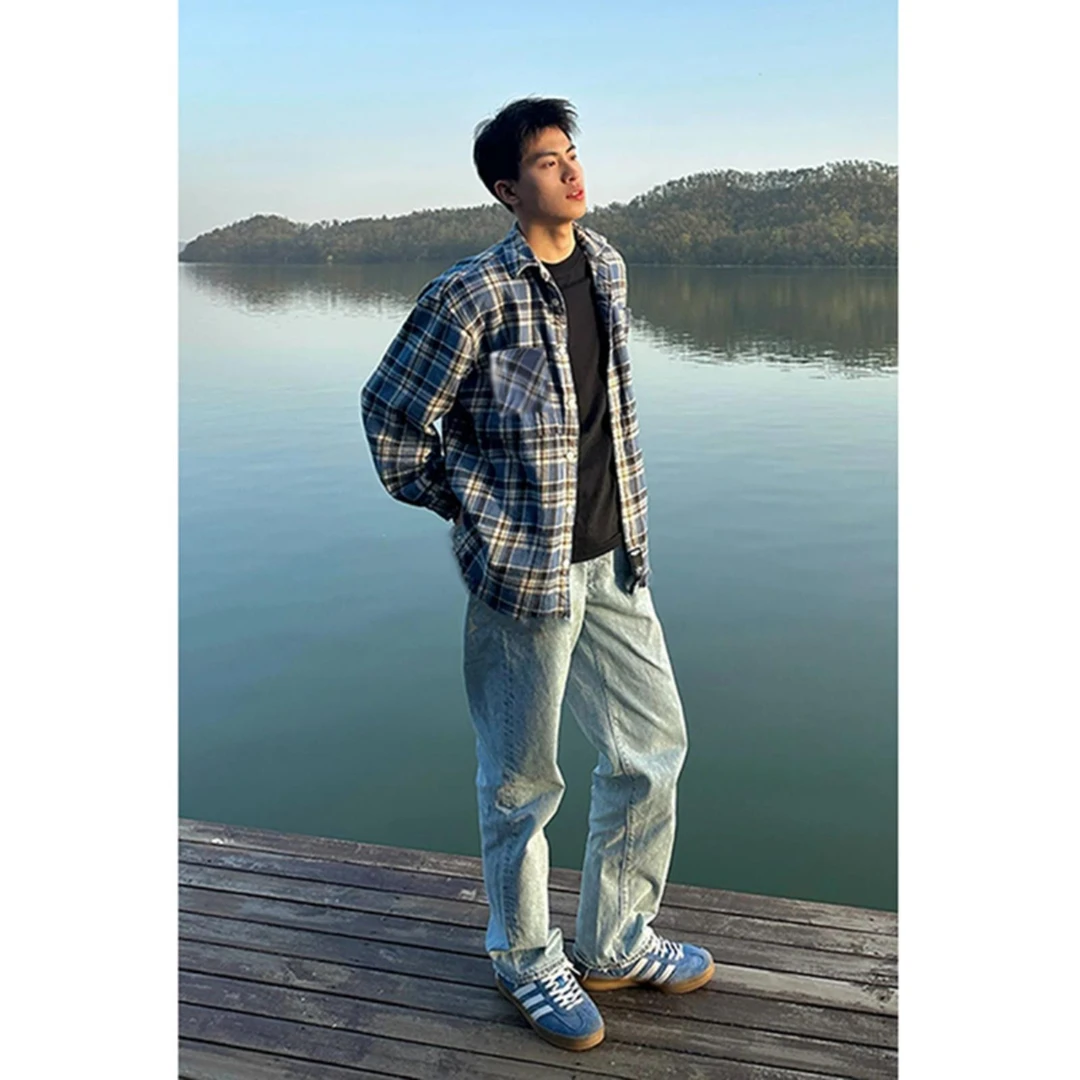 【Rich】美式oversize蓝色格子长袖衬衫男士衬衣内搭宽松vintage