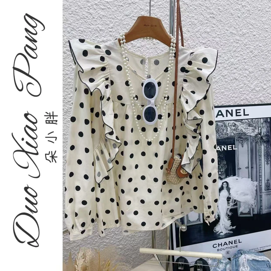 大码木耳边波点长袖衬衫女秋季新款高级感法式漂亮小衫上衣81701