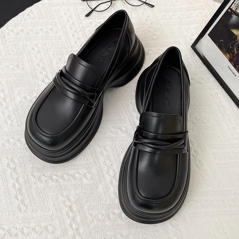 乐福鞋时尚女鞋女款小皮鞋圆头英伦风女玛丽珍黑色厚底乐福鞋真皮