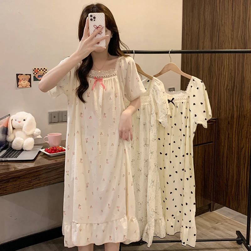 2025睡裙夏季女云朵棉甜美蕾丝短袖睡衣夏天女士宽松薄款家居服