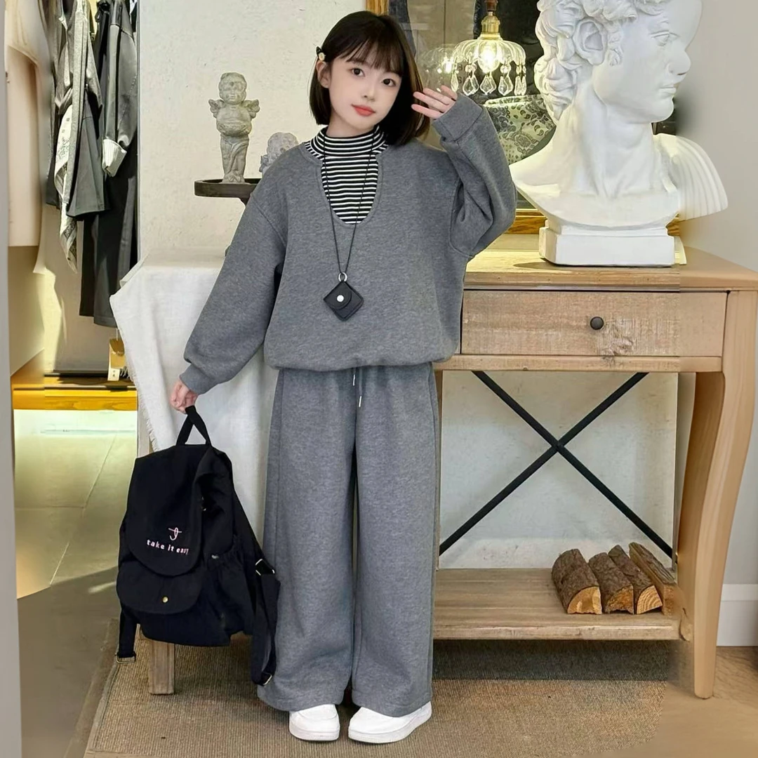 女童假两件套装2025新款儿童加绒针织秋冬条纹拼接上衣休闲裤套装