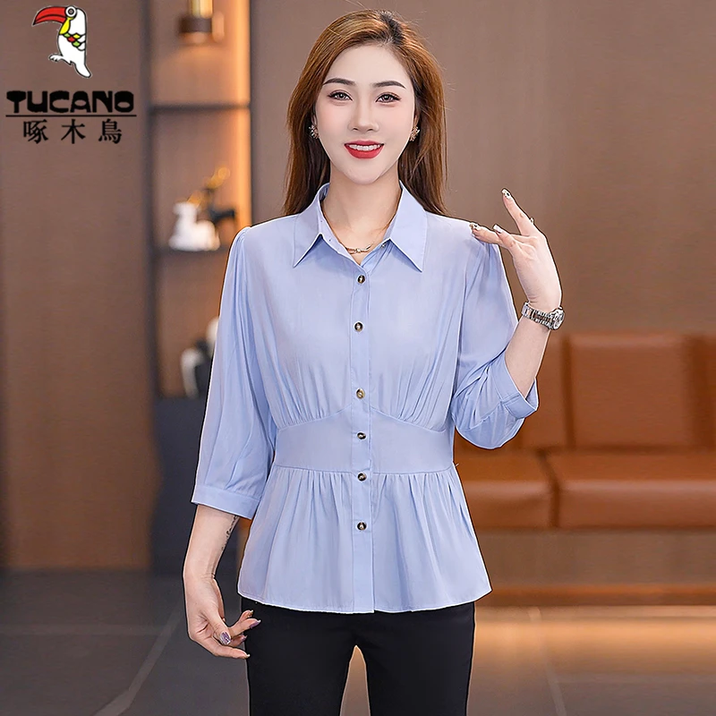 啄木鸟浅蓝七分袖衬衫女夏季2025年新款中年妈妈洋气薄款开衫衬衣