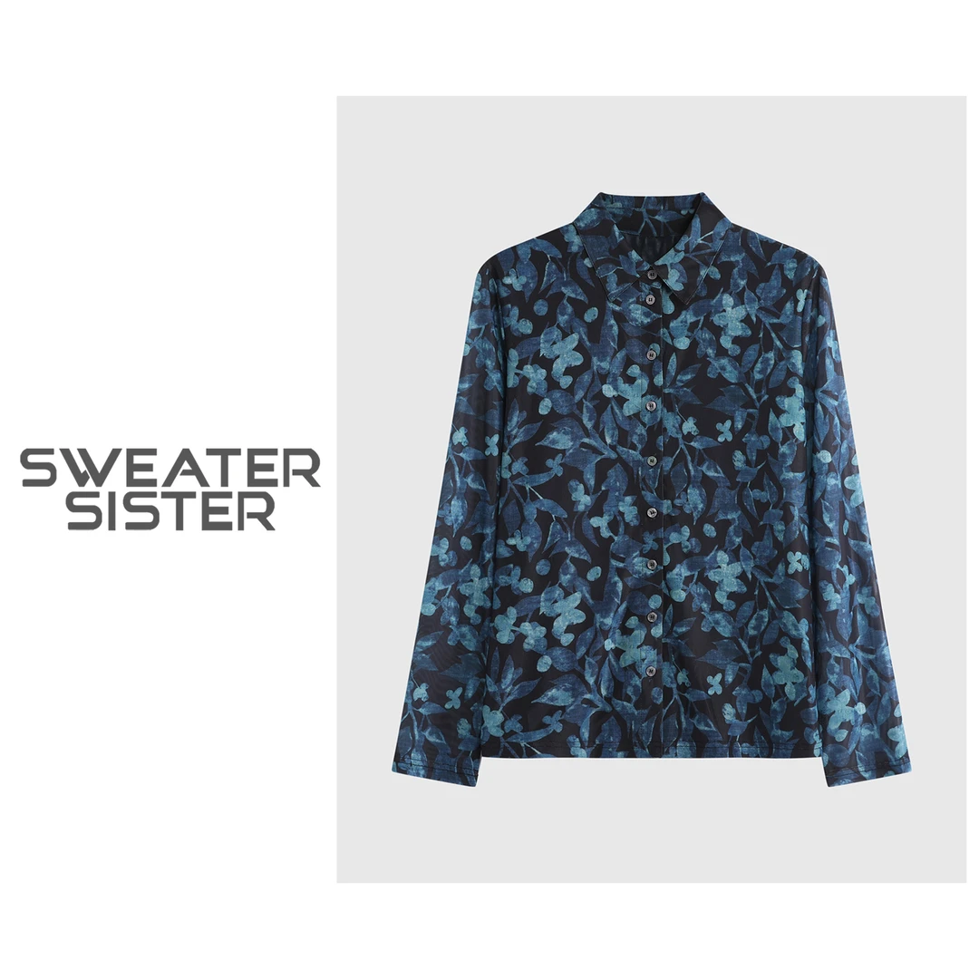 早秋小众翻领长袖印花网纱衬衫上衣女6699-263