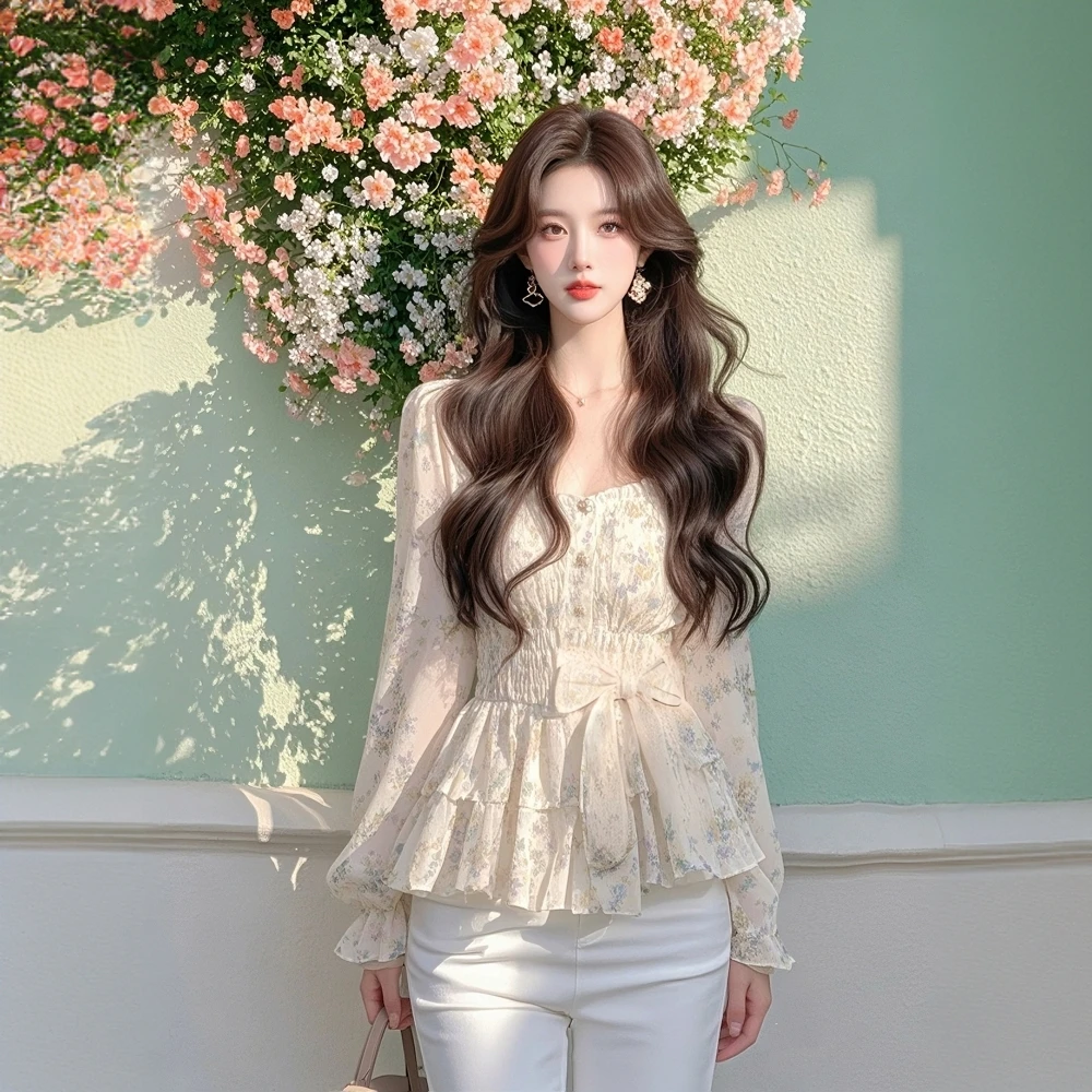 法式爆款碎花方领收腰衬衫女2025秋季新款小众设计感高端长袖衬衣