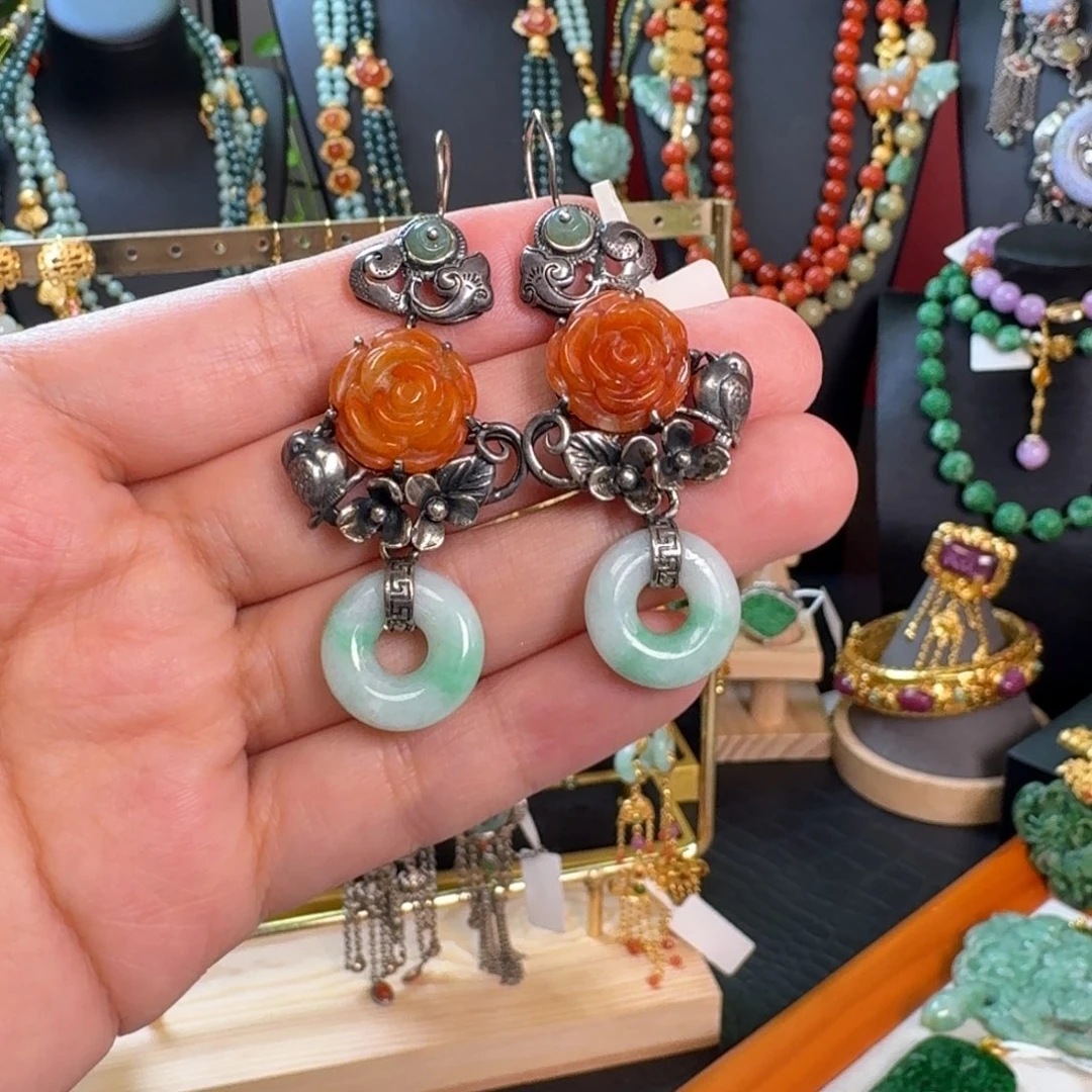 翡翠银S925镶嵌颈饰台湾工耳坠 亏清