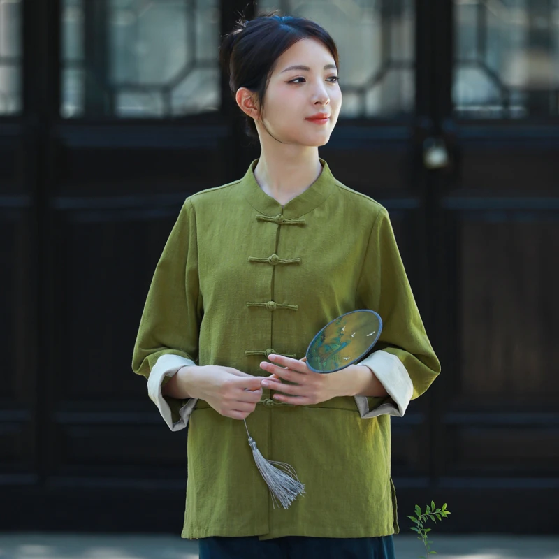 二喜茶服原创早春棉麻绿色改良轻国风新中式禅茶风盘扣唐装上衣