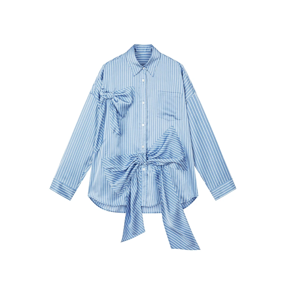 RACS63156新款百搭宽松蝴蝶结设计感蓝色条纹衬衫长袖衬衣上衣女