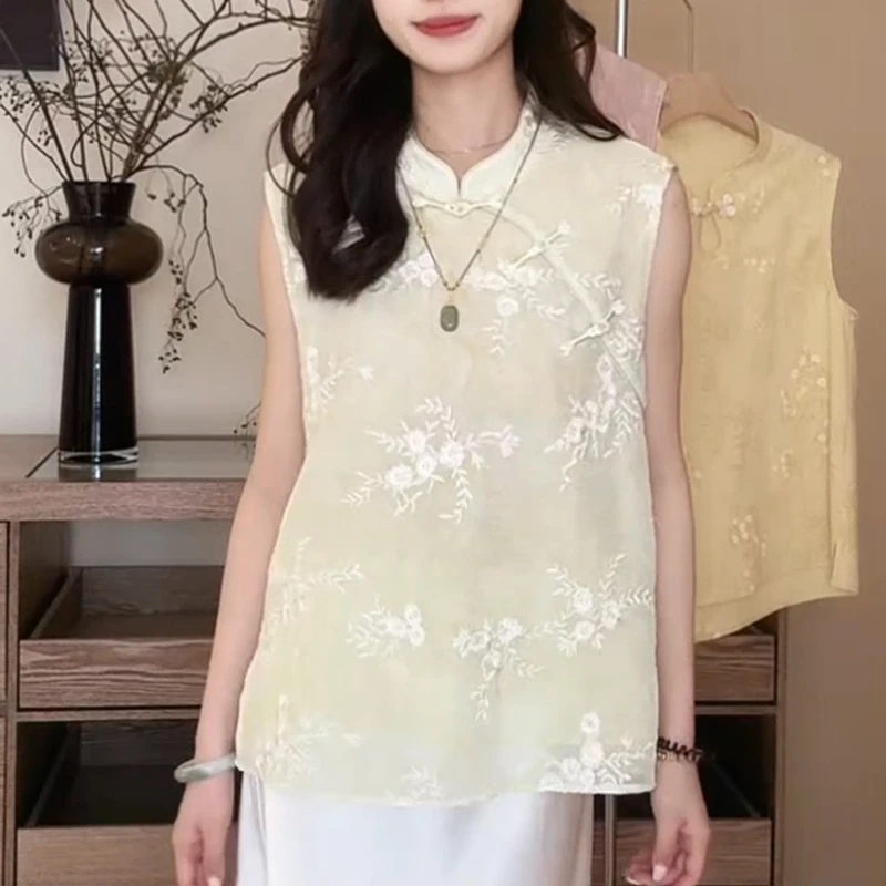 2025夏季新款立领新中式无袖衬衫女士高级感百搭时尚气质国风上衣