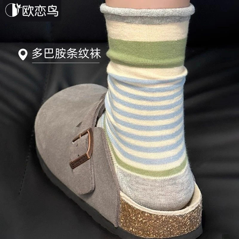 欧恋鸟春夏新款条纹袜子女中筒袜薄款ins潮韩系减龄卷边堆堆女袜