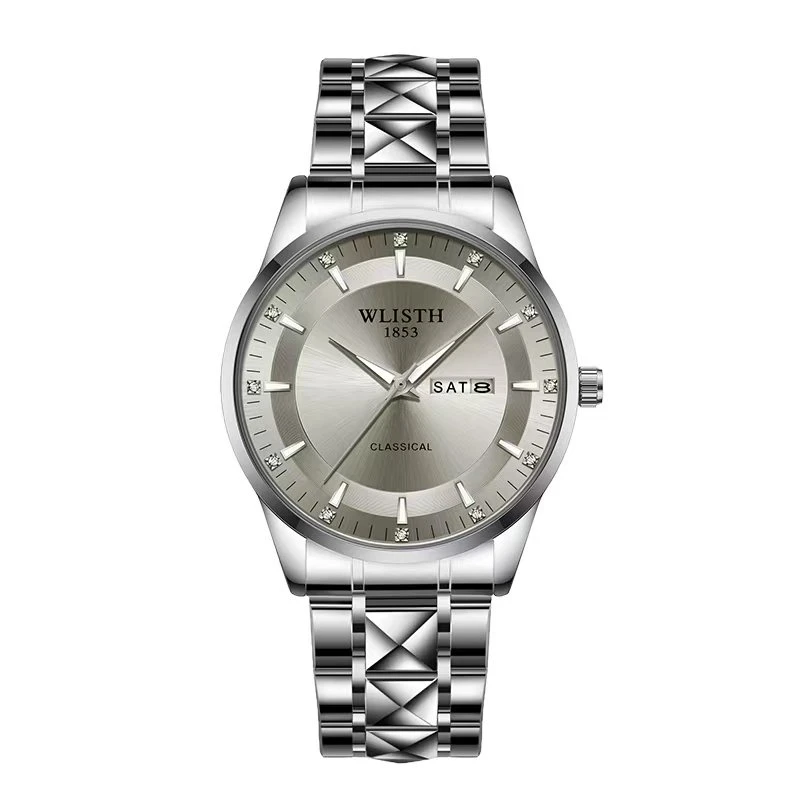 沃力仕腕表 经典商务休闲钢带日历夜光拉丝钢带男士手表 8835